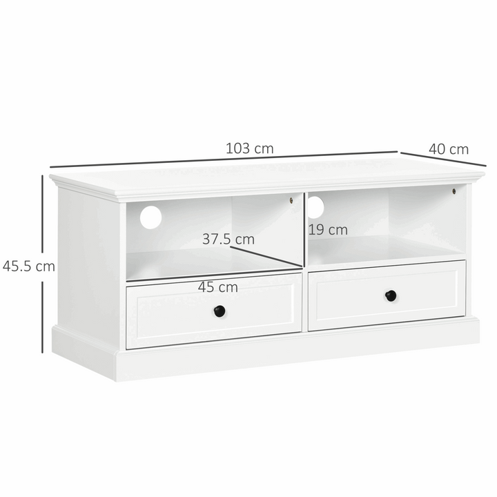 Elegant White TV Unit Cabinet with Drawers, Open Shelves & Cable Management | 45.5 x 103 x 40cm - Premium  from Home Treasures - Just £113.99! Shop now at Home Treasures