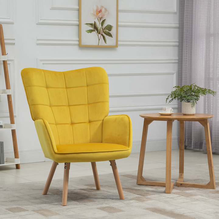 Modern Velvet-Touch Tufted Wingback Armchair - Yellow Club Chair with Wooden Legs - Premium  from Home Treasures - Just £157.99! Shop now at Home Treasures