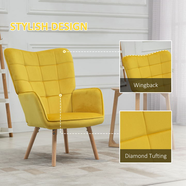 Modern Velvet-Touch Tufted Wingback Armchair - Yellow Club Chair with Wooden Legs - Premium  from Home Treasures - Just £157.99! Shop now at Home Treasures