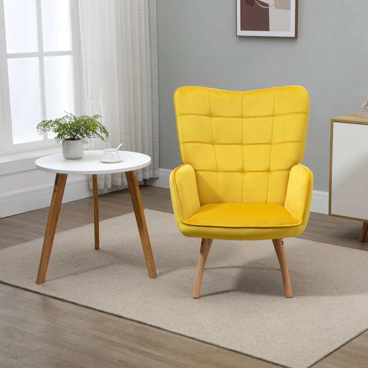 Modern Velvet-Touch Tufted Wingback Armchair - Yellow Club Chair with Wooden Legs - Premium  from Home Treasures - Just £157.99! Shop now at Home Treasures