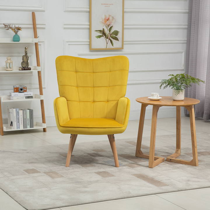 Modern Velvet-Touch Tufted Wingback Armchair - Yellow Club Chair with Wooden Legs - Premium  from Home Treasures - Just £157.99! Shop now at Home Treasures