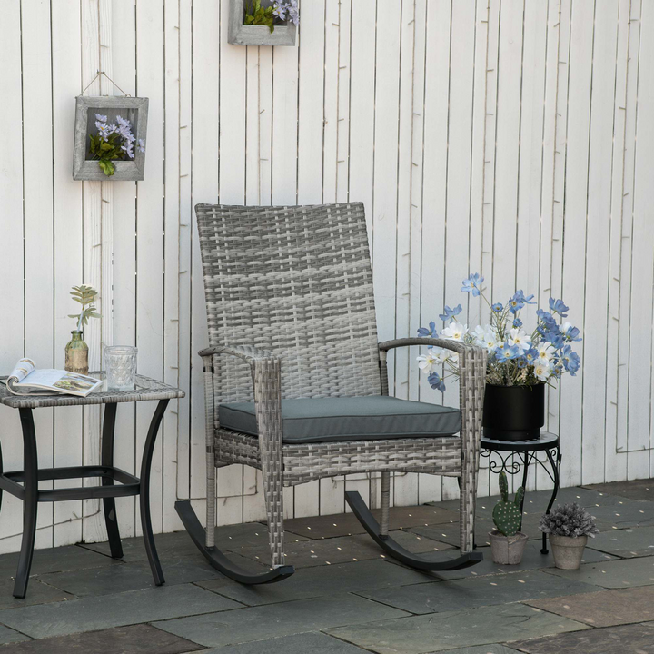 Light Grey Rattan Rocking Chair – Outdoor Wicker Patio Relaxer with Cushion - Premium  from Home Treasures - Just £113.99! Shop now at Home Treasures