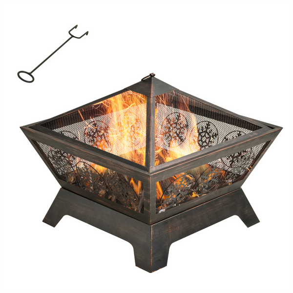 Durable Metal Square Firepit Bowl with Spark Screen (61 x 61 x 52cm) - Black, Stylish Snowflake Design - Premium  from Home Treasures - Just £124.99! Shop now at Home Treasures