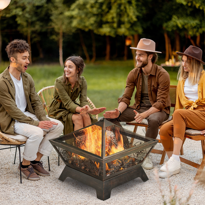 Durable Metal Square Firepit Bowl with Spark Screen (61 x 61 x 52cm) - Black, Stylish Snowflake Design - Premium  from Home Treasures - Just £124.99! Shop now at Home Treasures