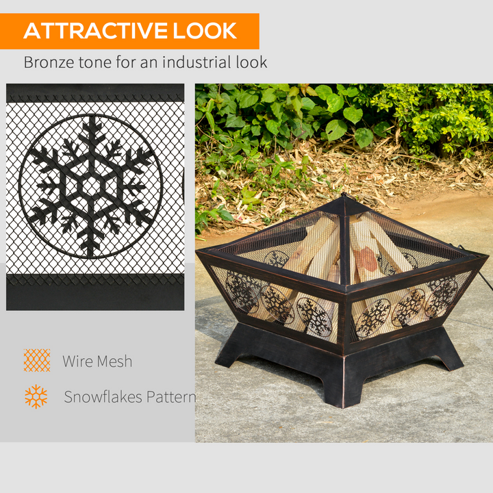 Durable Metal Square Firepit Bowl with Spark Screen (61 x 61 x 52cm) - Black, Stylish Snowflake Design - Premium  from Home Treasures - Just £124.99! Shop now at Home Treasures