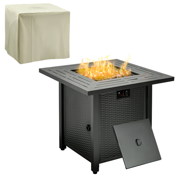 Rattan Square Propane Gas Fire Pit & Patio Heater with Protective Cover, Lava Rocks, and Lid (Black) - Multipurpose Outdoor Heating Solution - Premium  from Home Treasures - Just £269.99! Shop now at Home Treasures