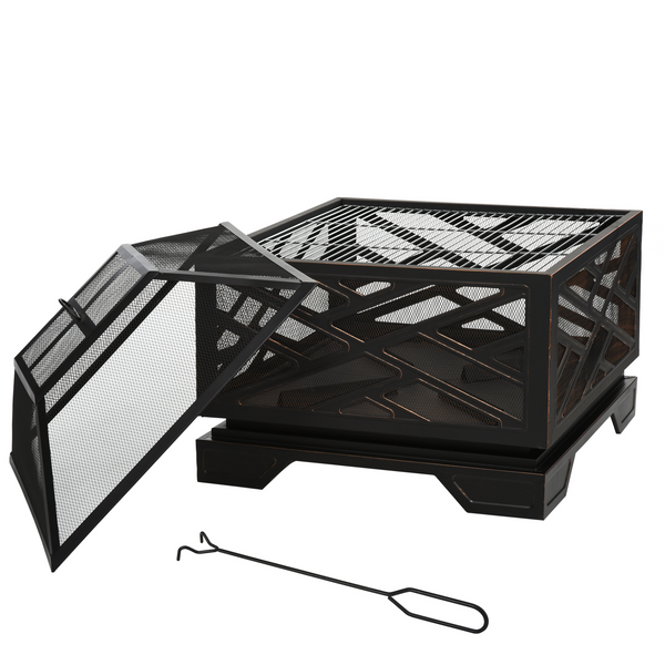 Versatile Metal Fire Pit Brazier w/ Grill Shelf, Mesh Lid, and Poker - Stylish Black Outdoor Heater & BBQ Combo