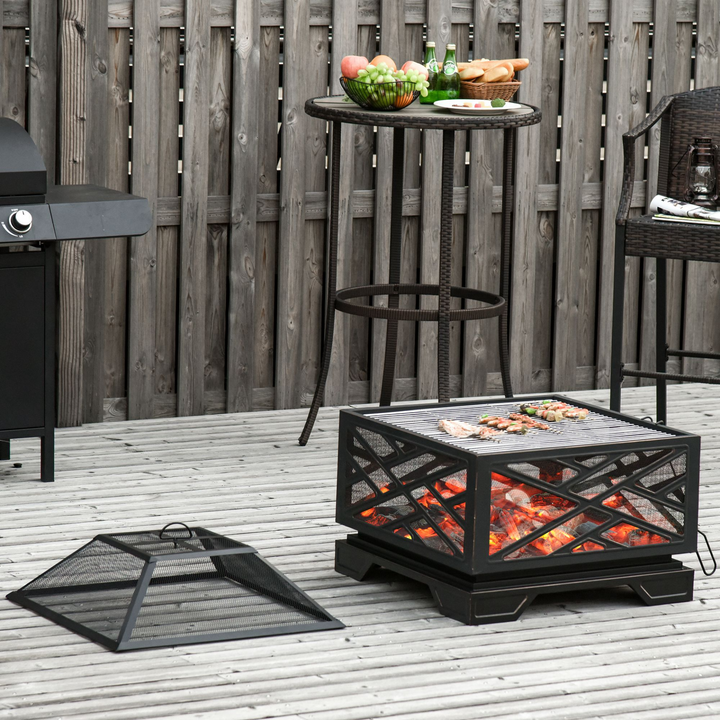 Versatile Metal Fire Pit Brazier w/ Grill Shelf, Mesh Lid, and Poker - Stylish Black Outdoor Heater & BBQ Combo - Premium  from Home Treasures - Just £161.99! Shop now at Home Treasures