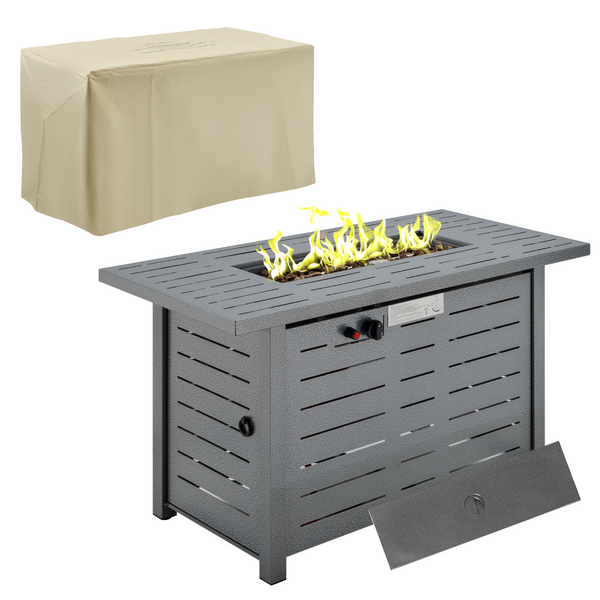 Premium Propane Gas Fire Pit & Patio Heater with Protective Cover, Lava Rocks, and Lid - Silver & Grey - 50,000 BTU Outdoor Fireplace & Dining Table Combo - Premium  from Home Treasures - Just £369.99! Shop now at Home Treasures