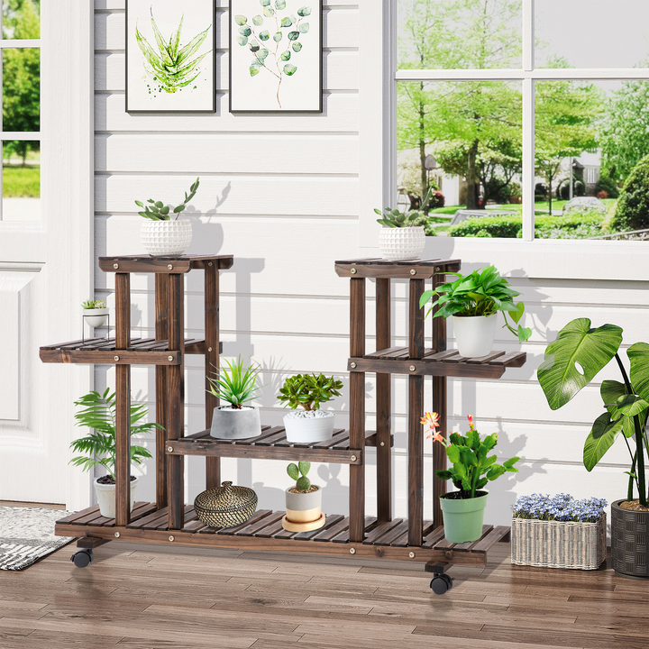 4-Tier Wooden Plant Stand for Indoor & Outdoor Use, Floor-standing Flower Rack with Wheels & Handle, 123.5 x 33 x 80 cm - Premium  from Home Treasures - Just £74.99! Shop now at Home Treasures