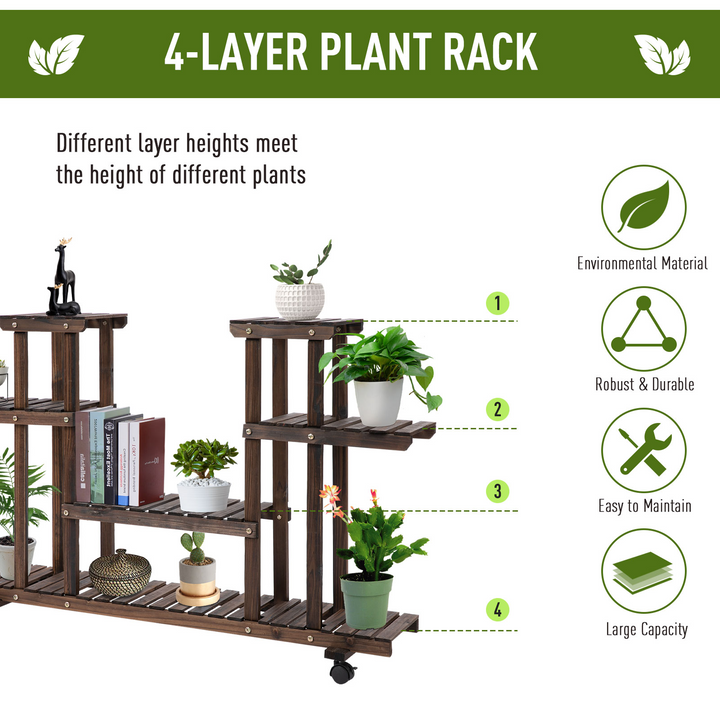 4-Tier Wooden Plant Stand for Indoor & Outdoor Use, Floor-standing Flower Rack with Wheels & Handle, 123.5 x 33 x 80 cm - Premium  from Home Treasures - Just £74.99! Shop now at Home Treasures