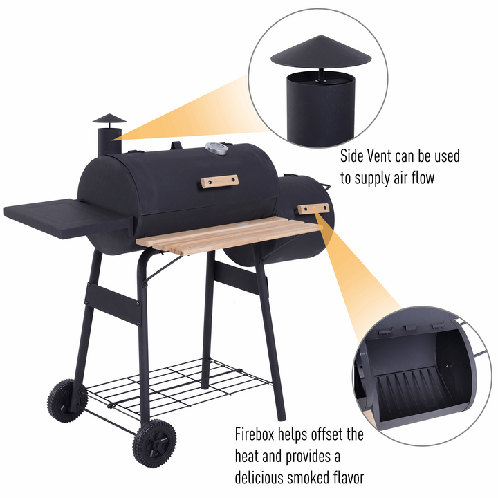 Charcoal Barrel Barbecue with Smoker (Black) - High Temperature, Sturdy Construction, Portable with Wheels - Premium  from Home Treasures - Just £136.99! Shop now at Home Treasures