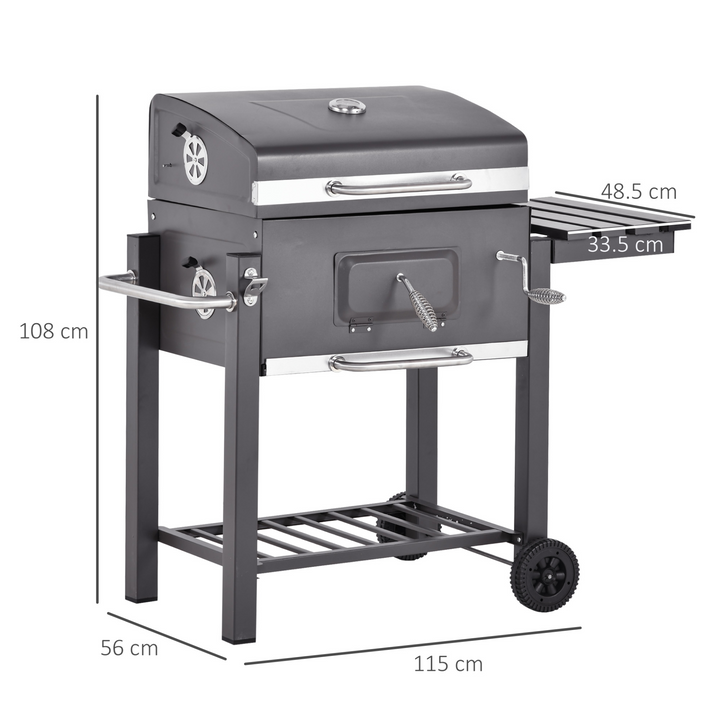 Outsunny Charcoal Grill BBQ Trolley Backyard Garden Metal Smoker Barbecue w/ Shelf Side Table Wheels Built-in Thermometer - Premium  from Home Treasures - Just £175.99! Shop now at Home Treasures