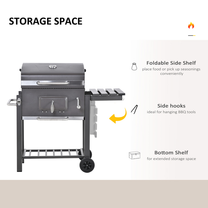 Charcoal Grill BBQ Trolley Backyard Garden Metal Smoker Barbecue with Shelf Side Table Wheels Built-in Thermometer - Premium  from Home Treasures - Just £175.99! Shop now at Home Treasures