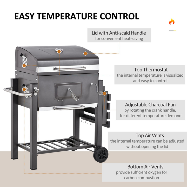 Outsunny Charcoal Grill BBQ Trolley Backyard Garden Metal Smoker Barbecue w/ Shelf Side Table Wheels Built-in Thermometer - Premium  from Home Treasures - Just £175.99! Shop now at Home Treasures