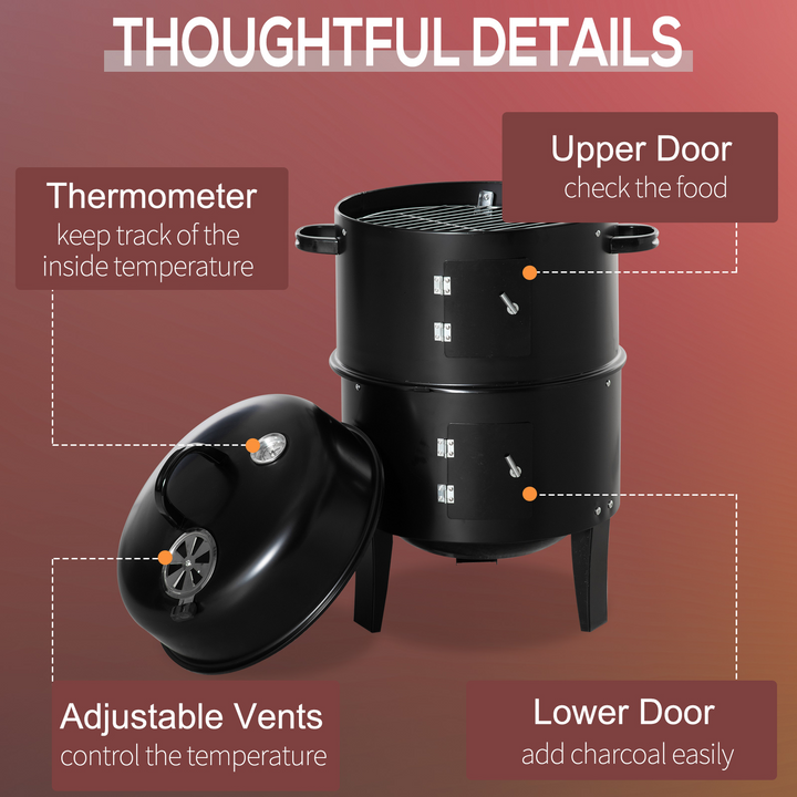 Outsunny 3-in-1 Charcoal BBQ Grill, Portable Smoker Barbecue w/ Thermostat - Premium  from Home Treasures - Just £63.99! Shop now at Home Treasures