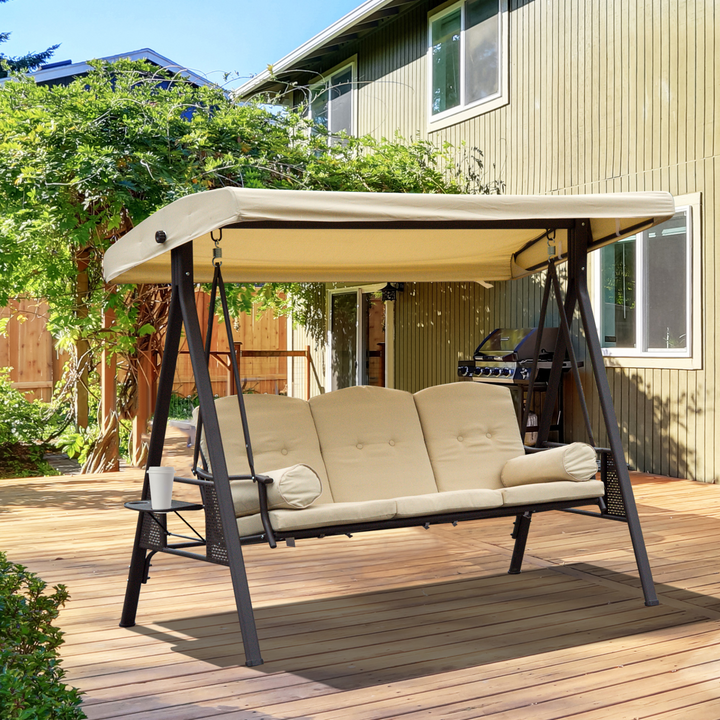 Beige 3-Seater Swing Chair with Adjustable Canopy, Cushions, and Cup Trays - Durable Steel Frame for Indoor & Outdoor Use - Premium  from Home Treasures - Just £359.99! Shop now at Home Treasures