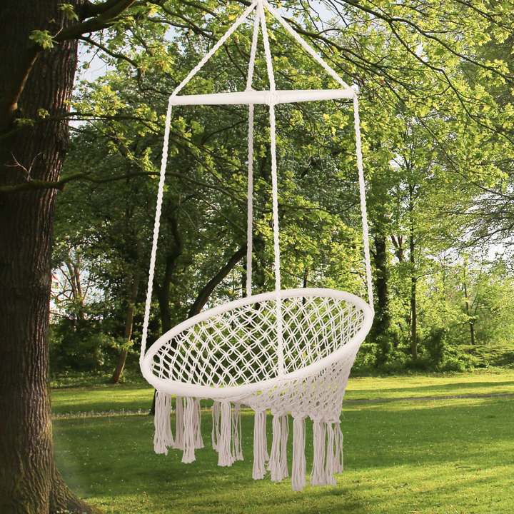 Macrame Swing Chair Hanging Seat Rope Tassels Indoor Outdoor Garden Beige - Premium  from Home Treasures - Just £60.99! Shop now at Home Treasures