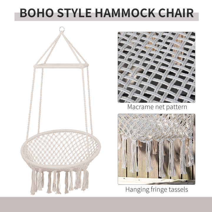 Macrame Swing Chair Hanging Seat Rope Tassels Indoor Outdoor Garden Beige - Premium  from Home Treasures - Just £60.99! Shop now at Home Treasures