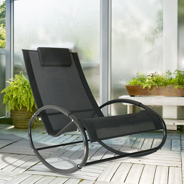 Rocking Chair Sun Lounger in Black – Recliner Rocker with UV-Resistant Texteline Fabric & Pillow - Premium  from Home Treasures - Just £89.99! Shop now at Home Treasures