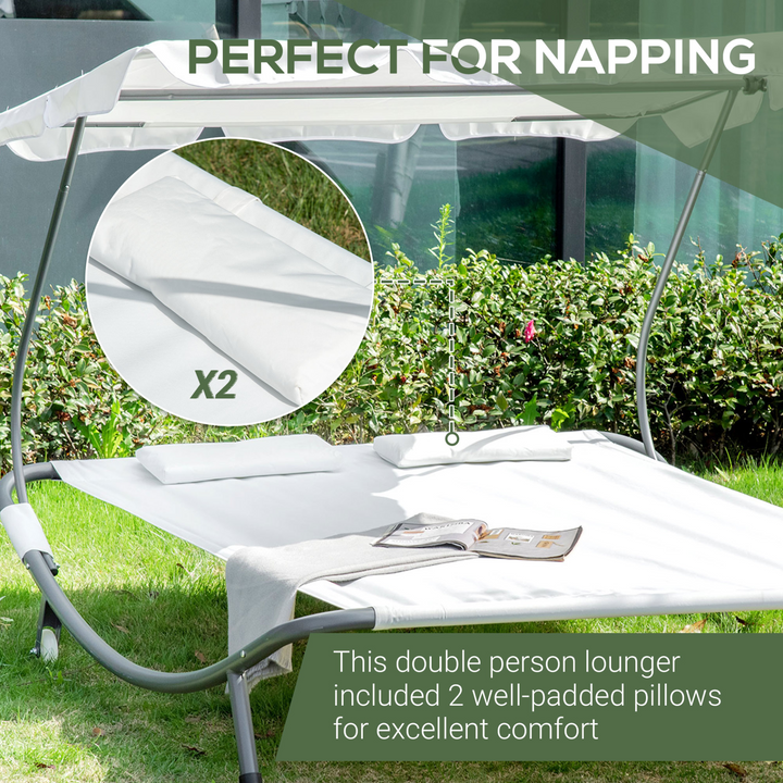 Patio Double Hammock Sun Lounger Bed with Canopy Shelter, Wheels & 2 Pillows, White - Premium  from Home Treasures - Just £134.99! Shop now at Home Treasures