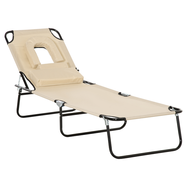 Foldable Reclining Chair with Pillow and Reading Hole - Adjustable Garden Beach Outdoor Recliner in Beige - Premium  from Home Treasures - Just £49.99! Shop now at Home Treasures