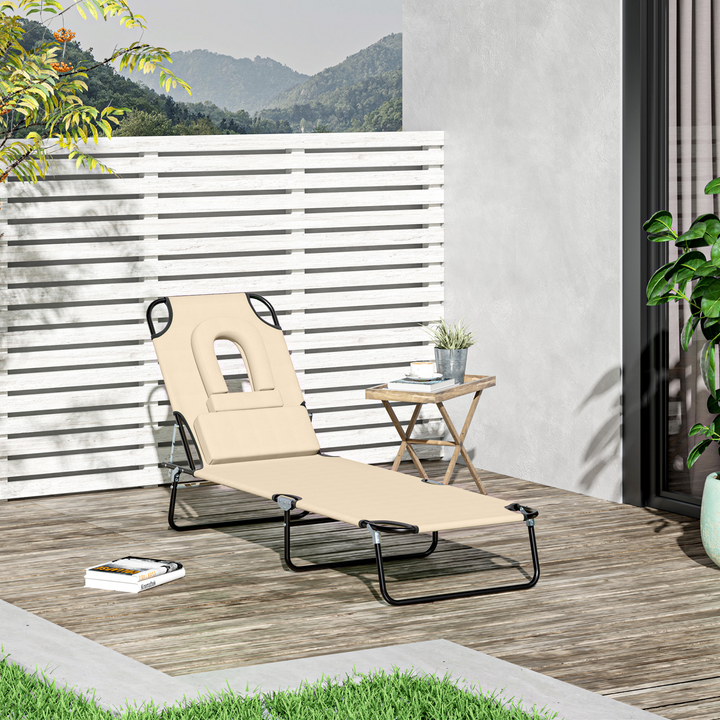 Foldable Reclining Chair with Pillow and Reading Hole - Adjustable Garden Beach Outdoor Recliner in Beige - Premium  from Home Treasures - Just £49.99! Shop now at Home Treasures