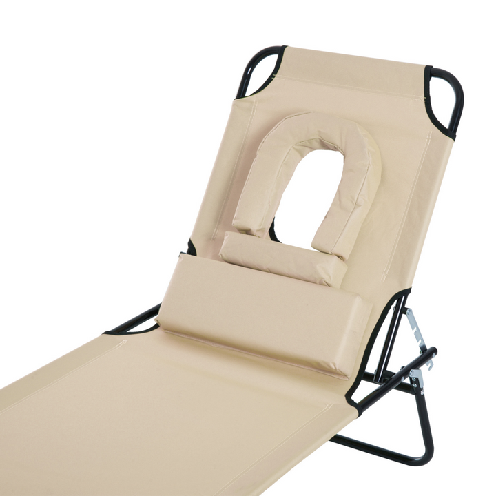 Foldable Reclining Chair with Pillow and Reading Hole - Adjustable Garden Beach Outdoor Recliner in Beige - Premium  from Home Treasures - Just £49.99! Shop now at Home Treasures