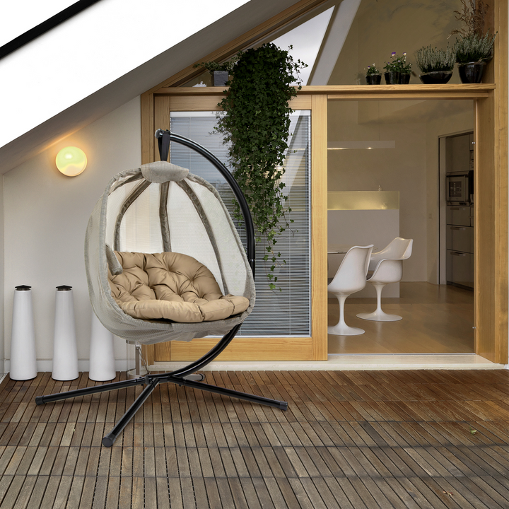 Khaki Hanging Egg Chair with Cushion and Side Pocket - Comfortable and Stylish Swing Chair for Indoor and Outdoor Spaces - Premium  from Home Treasures - Just £225.99! Shop now at Home Treasures