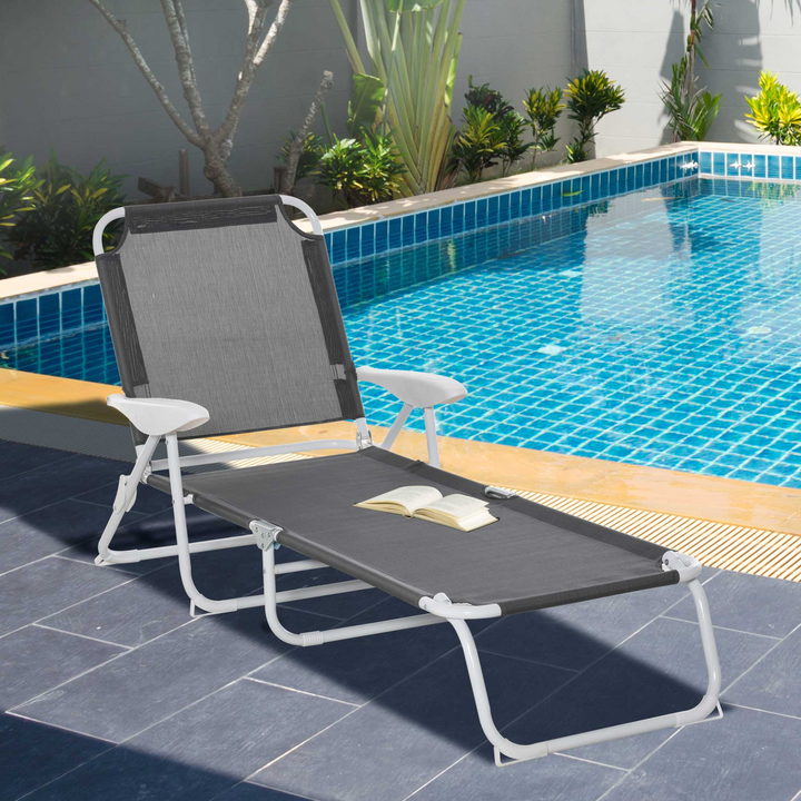 Grey Reclining Lounge Chair - 4-Level Adjustable Backrest, Foldable Sun Beach Lounger with Armrests - Premium  from Home Treasures - Just £62.99! Shop now at Home Treasures