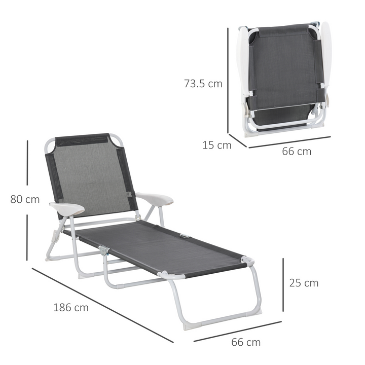 Grey Reclining Lounge Chair - 4-Level Adjustable Backrest, Foldable Sun Beach Lounger with Armrests - Premium  from Home Treasures - Just £62.99! Shop now at Home Treasures