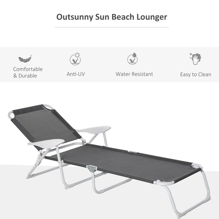 Grey Reclining Lounge Chair - 4-Level Adjustable Backrest, Foldable Sun Beach Lounger with Armrests - Premium  from Home Treasures - Just £62.99! Shop now at Home Treasures