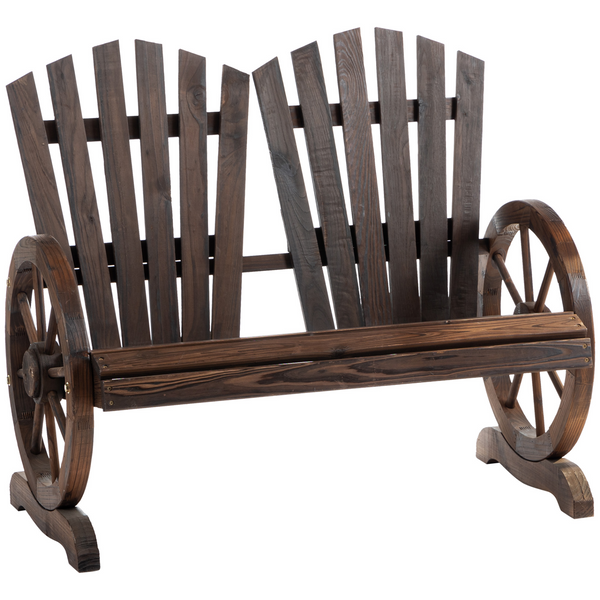 Adirondack Wooden Love-seat Bench with Wagon Wheel Armrests | Carbonized Wood Garden Patio Seat - Premium  from Home Treasures - Just £156.99! Shop now at Home Treasures