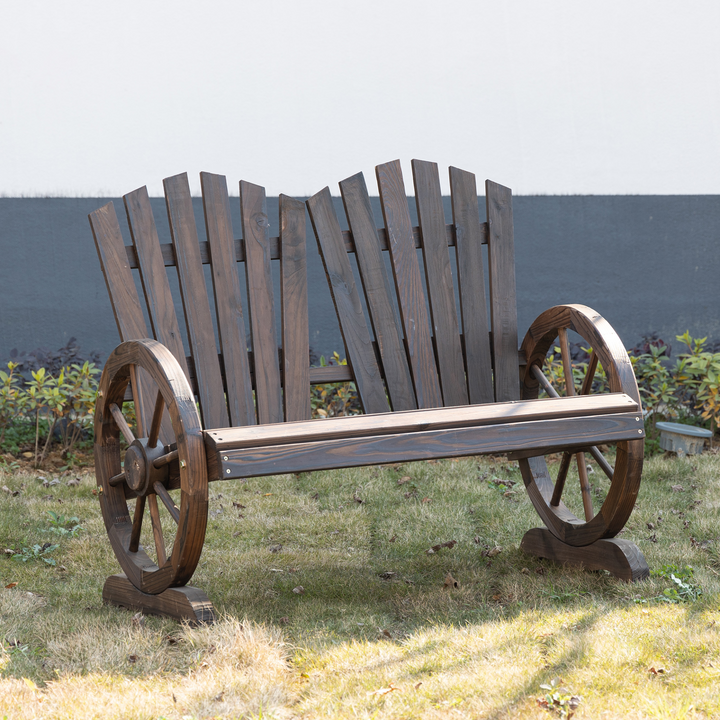 Adirondack Wooden Love-seat Bench with Wagon Wheel Armrests | Carbonized Wood Garden Patio Seat - Premium  from Home Treasures - Just £156.99! Shop now at Home Treasures