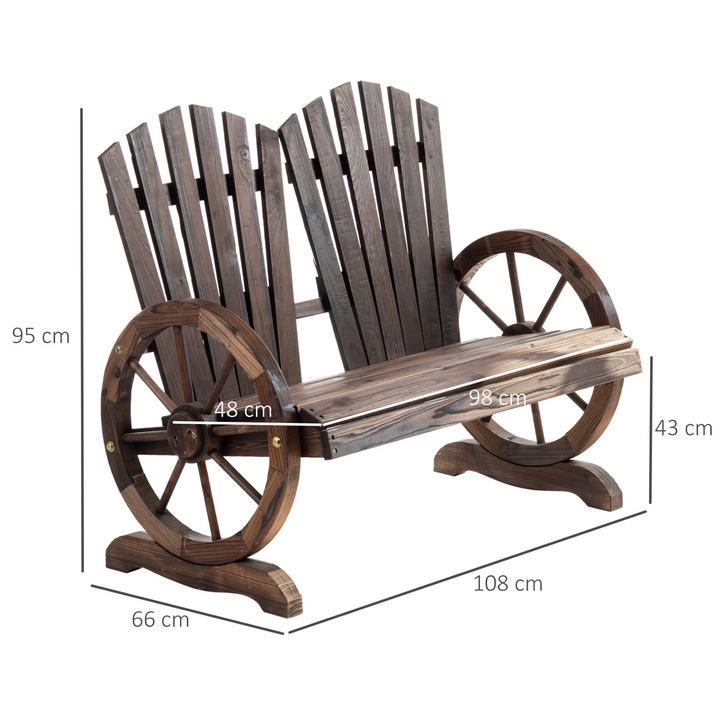 Adirondack Wooden Love-seat Bench with Wagon Wheel Armrests | Carbonized Wood Garden Patio Seat - Premium  from Home Treasures - Just £156.99! Shop now at Home Treasures