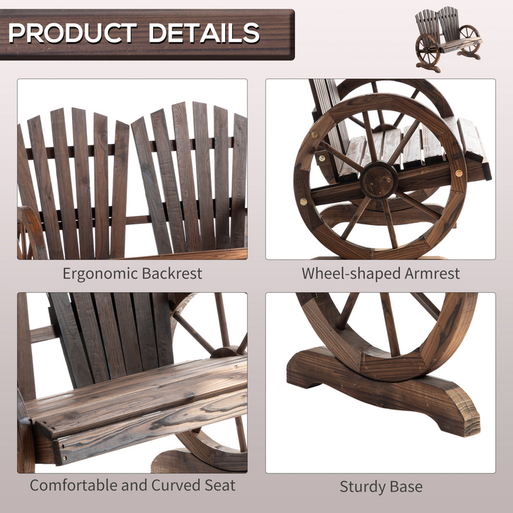 Adirondack Wooden Love-seat Bench with Wagon Wheel Armrests | Carbonized Wood Garden Patio Seat - Premium  from Home Treasures - Just £156.99! Shop now at Home Treasures