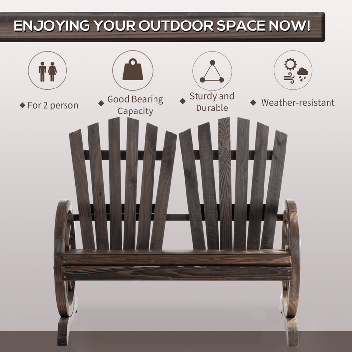 Adirondack Wooden Love-seat Bench with Wagon Wheel Armrests | Carbonized Wood Garden Patio Seat - Premium  from Home Treasures - Just £156.99! Shop now at Home Treasures