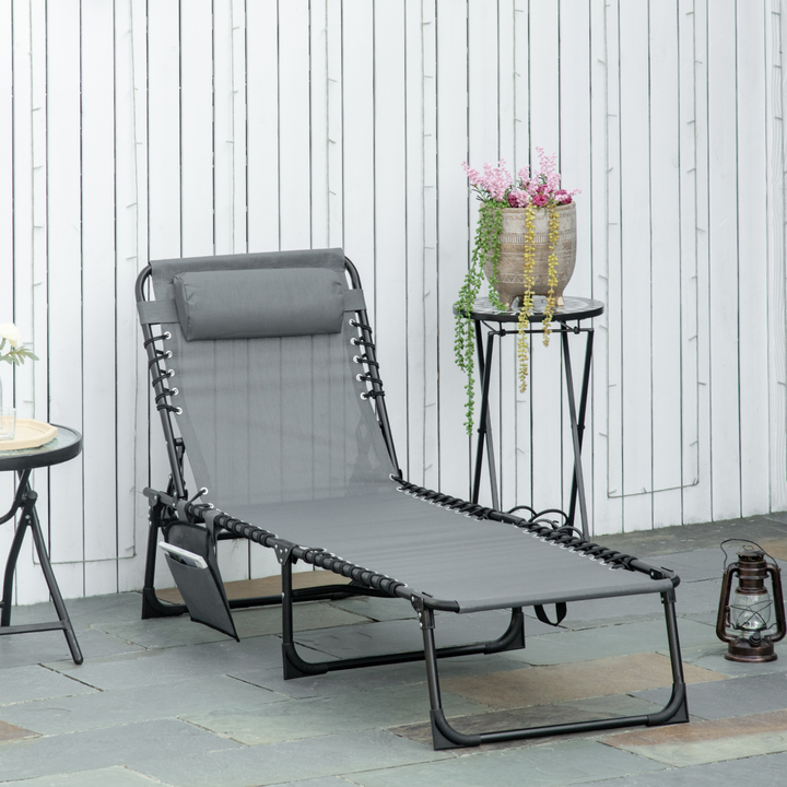 Reclining Sun Lounger with Adjustable Backrest, Side Pocket and Pillow - Grey - Premium  from Home Treasures - Just £70.99! Shop now at Home Treasures