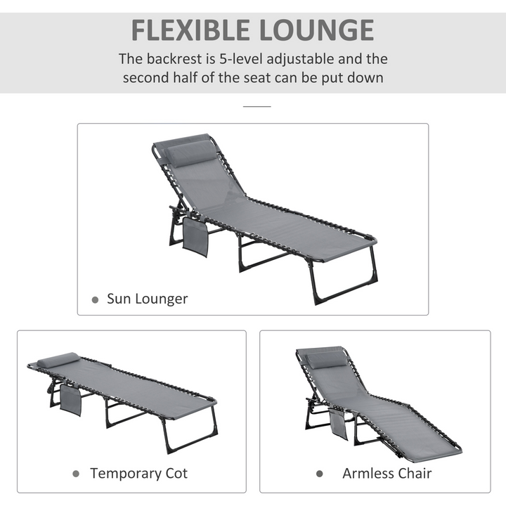 Reclining Sun Lounger with Adjustable Backrest, Side Pocket and Pillow - Grey - Premium  from Home Treasures - Just £70.99! Shop now at Home Treasures