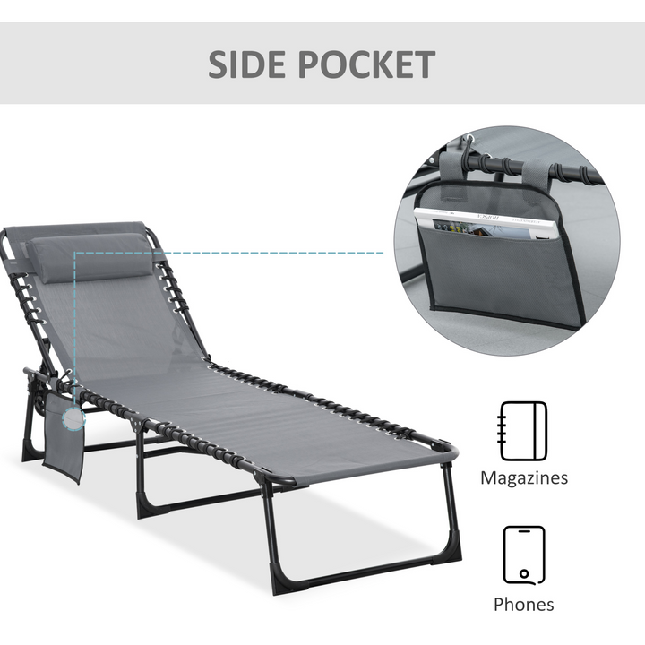 Reclining Sun Lounger with Adjustable Backrest, Side Pocket and Pillow - Grey - Premium  from Home Treasures - Just £70.99! Shop now at Home Treasures