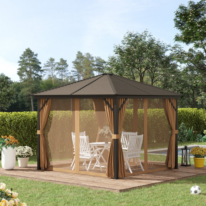 Premium Aluminium Gazebo with Hardtop Metal Roof, Mesh Curtains & Side Walls in Elegant Brown - Perfect for Outdoor Gatherings - Premium  from Home Treasures - Just £987.99! Shop now at Home Treasures