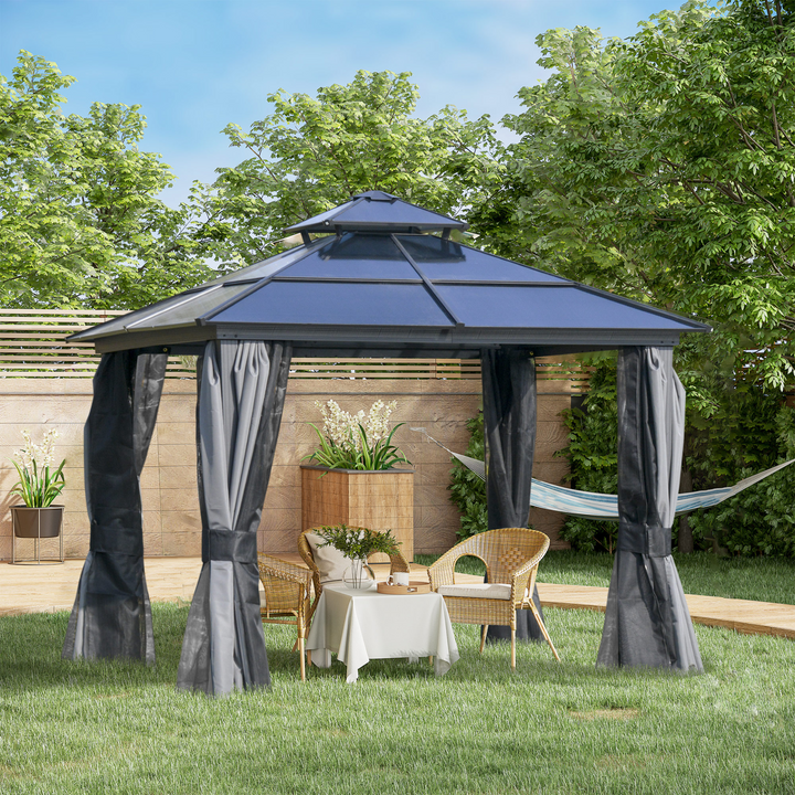 Premium Polycarbonate Hardtop Gazebo with Double-Tier Roof, Mosquito Netting, and Curtains for Ultimate Outdoor Comfort - Premium  from Home Treasures - Just £1054.99! Shop now at Home Treasures