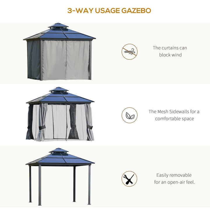 Premium Polycarbonate Hardtop Gazebo with Double-Tier Roof, Mosquito Netting, and Curtains for Ultimate Outdoor Comfort - Premium  from Home Treasures - Just £1054.99! Shop now at Home Treasures