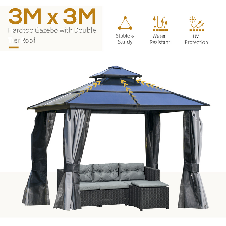 Premium Polycarbonate Hardtop Gazebo with Double-Tier Roof, Mosquito Netting, and Curtains for Ultimate Outdoor Comfort - Premium  from Home Treasures - Just £1054.99! Shop now at Home Treasures