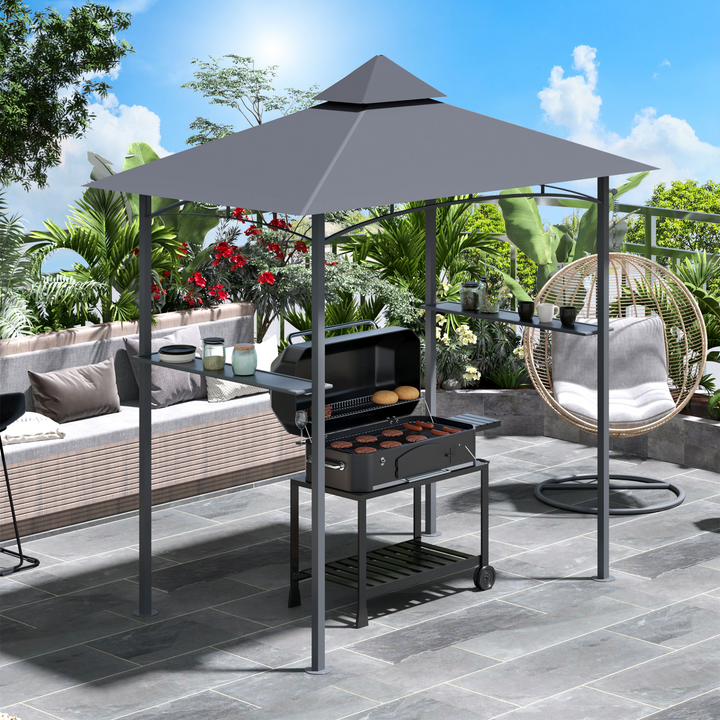 Double-Tier BBQ Gazebo (Grey) - Durable Outdoor Shelter with Side Shelves and Bottle Opener, 252 x 245 x 148cm - Premium  from Home Treasures - Just £164.99! Shop now at Home Treasures