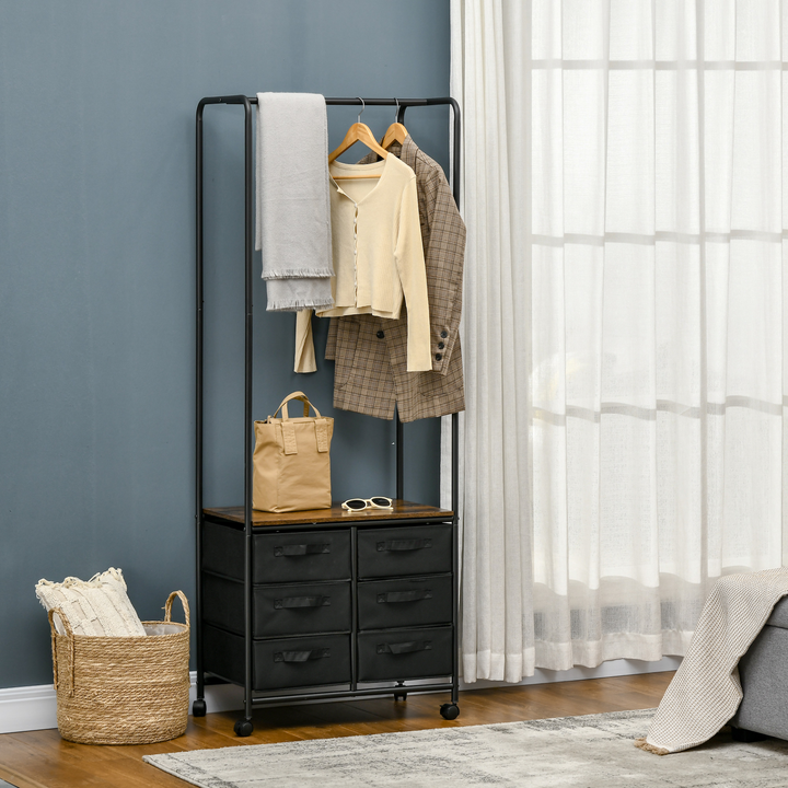 Industrial Style Hanging Clothes Rail with 6 Fabric Drawers - Rustic Brown Open Wardrobe Organizer - Premium  from Home Treasures - Just £78.99! Shop now at Home Treasures