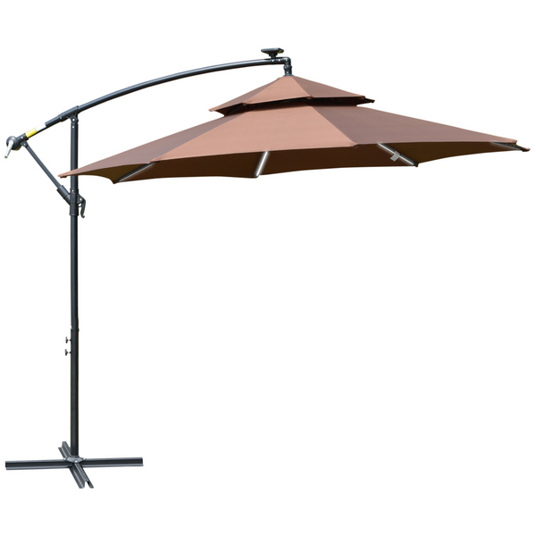 3(m) Cantilever Banana Parasol Hanging Umbrella with Double Roof, LED Solar Lights, Crank, 8 Sturdy Ribs and Cross Base - Premium  from Home Treasures - Just £175.99! Shop now at Home Treasures