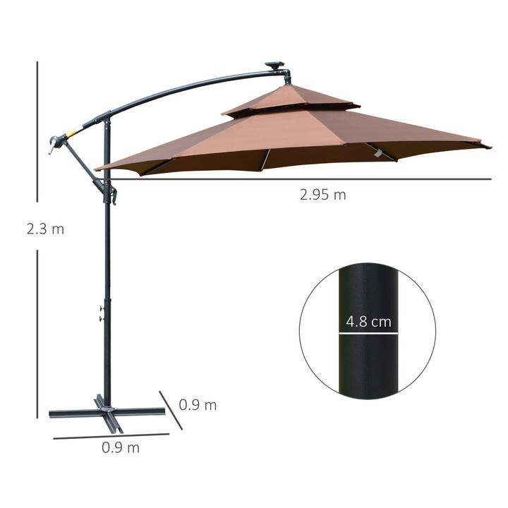 3(m) Cantilever Banana Parasol Hanging Umbrella with Double Roof, LED Solar Lights, Crank, 8 Sturdy Ribs and Cross Base - Premium  from Home Treasures - Just £175.99! Shop now at Home Treasures