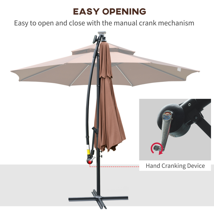 3(m) Cantilever Banana Parasol Hanging Umbrella with Double Roof, LED Solar Lights, Crank, 8 Sturdy Ribs and Cross Base - Premium  from Home Treasures - Just £175.99! Shop now at Home Treasures