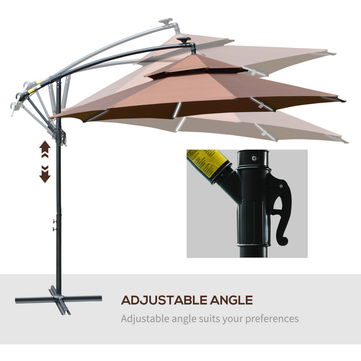 3(m) Cantilever Banana Parasol Hanging Umbrella with Double Roof, LED Solar Lights, Crank, 8 Sturdy Ribs and Cross Base - Premium  from Home Treasures - Just £175.99! Shop now at Home Treasures